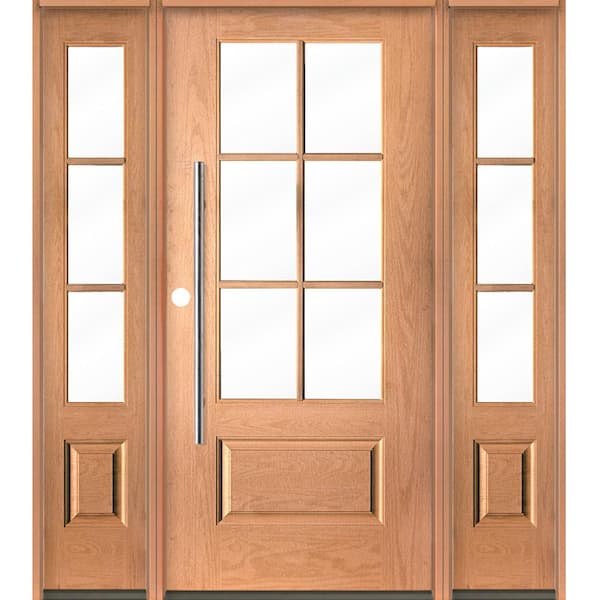 Krosswood Doors Farmhouse Faux Pivot 64 in. x 80 in. 6-Lite Right-Hand/Inswing Clear Glass Teak Stain Fiberglass Prehung Front Door wDSL