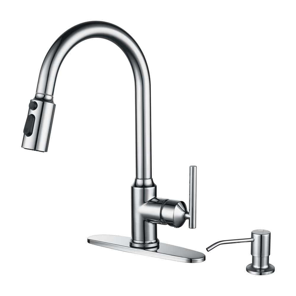 Polished Chrome Stainless Steel Pull Down Kitchen Faucet with Soap Dispenser