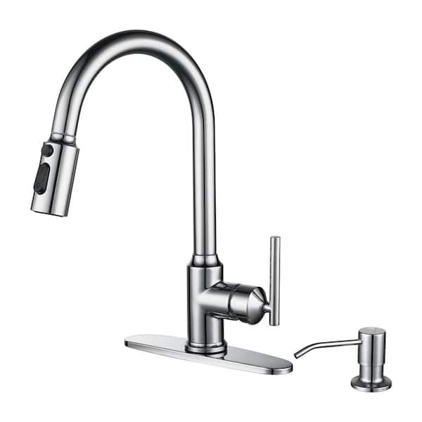 WOWOW Single Handle Pull Down Sprayer Kitchen Faucet in Chrome, Stainless Steel Kitchen Faucet with Soap Dispenser