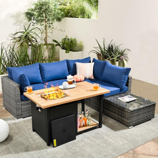 XIZZI Riley 6-Piece Wicker Patio Rectangular Fire Pit Set with Navy Blue Cushions