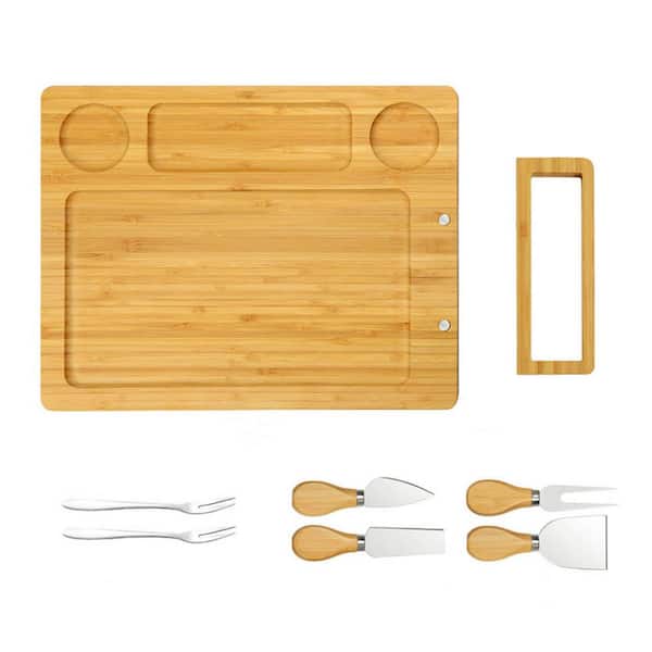 Numhew 14 in. Bamboo Cheese Board Set with 2 Stainless Steel Cheese Forks and 4 Cheese Knives for Cheese, Meats and Fruit