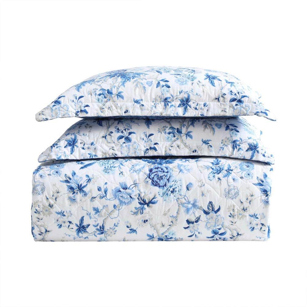 Full Blue Cotton Reversible Floral Quilt Set