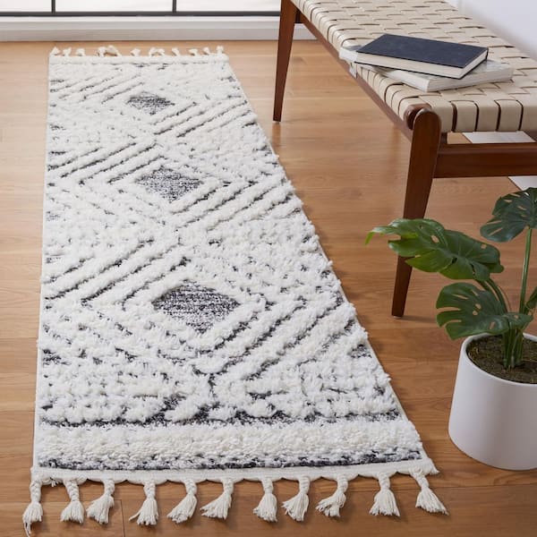 Moroccan Tassel Shag 2 ft. x 10 ft. Ivory/Gray Diamond Fringe Runner Rug
