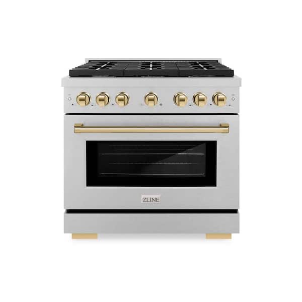 ZLINE Kitchen and Bath Autograph 36 in. Paramount Dual Fuel Range with 6 Burners and Convection Oven in Satin Steel with Gold Accents