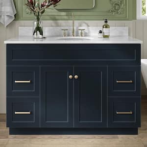 Hamlet 49 in. W x 22 in. D x 35.25 in. H Freestanding Bath Vanity in Midnight Blue with White Marble Top