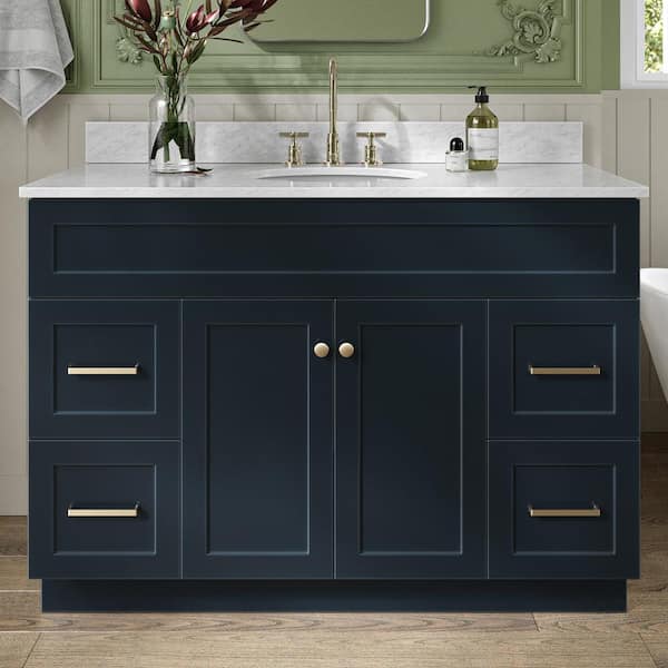 ARIEL Hamlet 49 in. W x 22 in. D x 35.25 in. H Freestanding Bath Vanity in Midnight Blue with White Marble Top