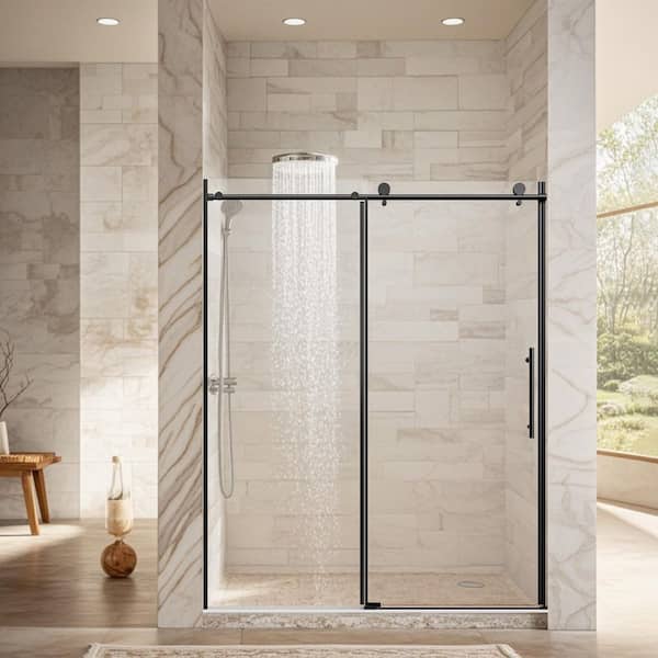 56-60 in. W x 76 in. H Frameless Sliding Shower Door, 6 mm. SGCC Clear Tempered Glass, Matte Black