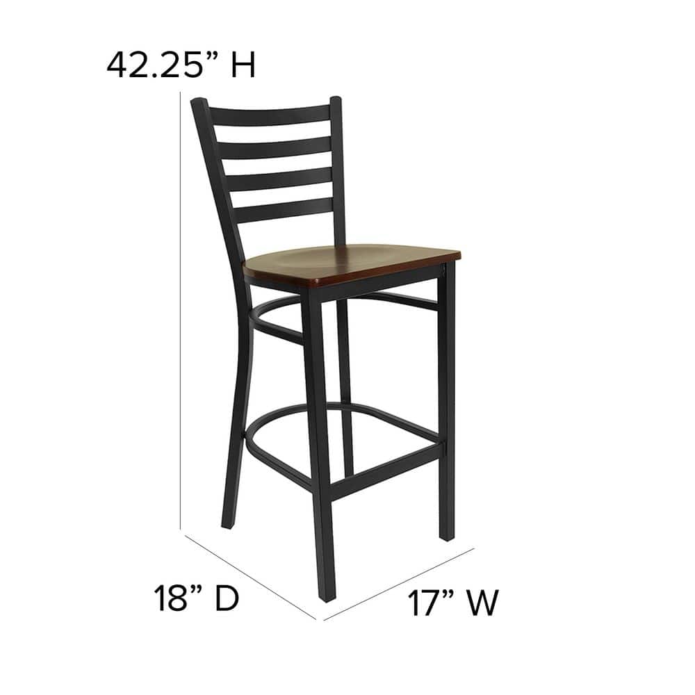 Elegant Black Metal Ladder Back Barstool with Mahogany Wood Seat