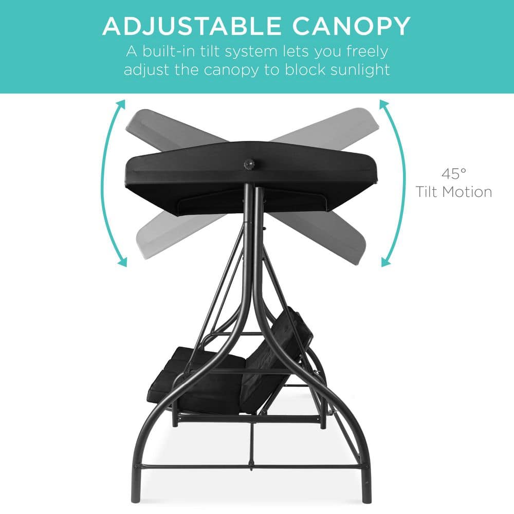 Black Steel 3-Seat Outdoor Canopy Swing Glider with Cushions