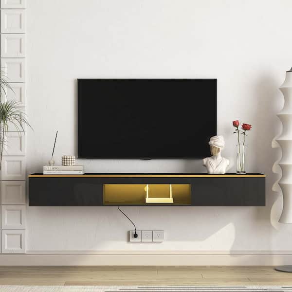 69.3 in. W x 11.8 in. D Black Floating TV Stand TV Console Decorative Wall Shelf with LED lights