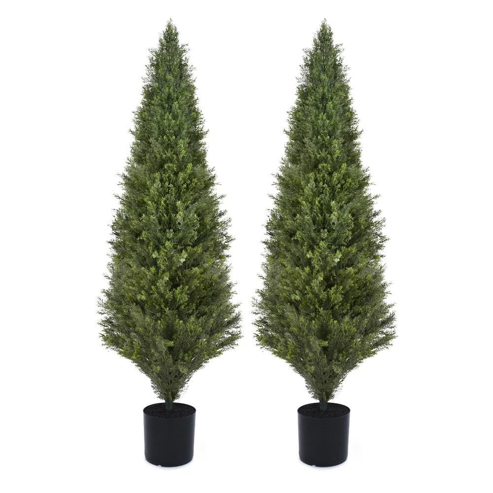 2-Piece 5 ft. Artificial Cedar Tree Boxwood UV Resistant Potted Plant Faux 