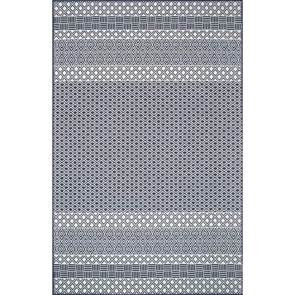 Adelpha Coastal Striped Lattice Blue 5 ft. x 8 ft. Indoor/Outdoor Patio Area Rug