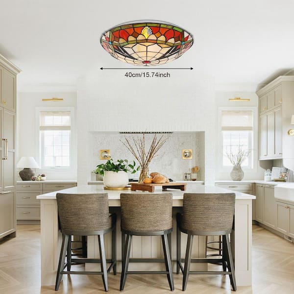 OUKANING 15.7 in. 3-Light Multicolored Mosaic Tiffany Flush Mount