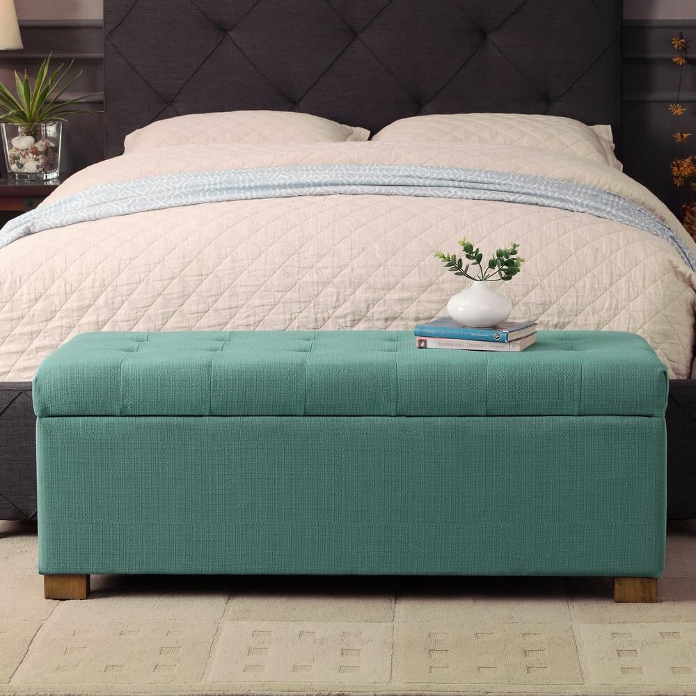 Teal Tufted Fabric Storage Bench with Wood Legs