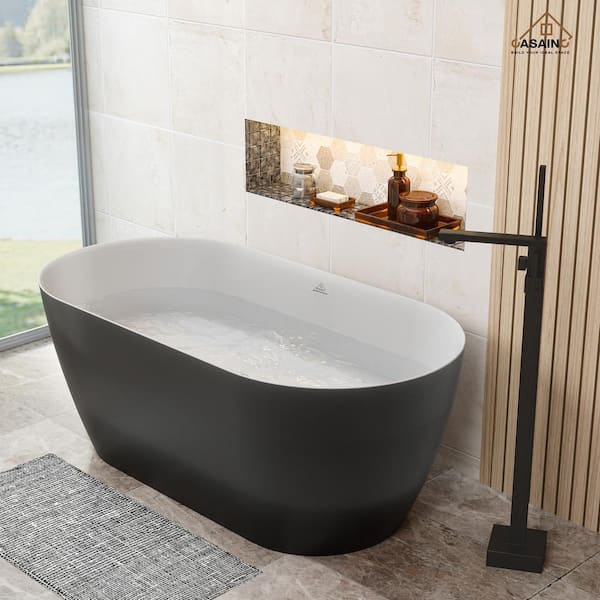 CASAINC 59 in. Stone Resin Flatbottom Non-Whirlpool Bathtub in Matte Black Outside and White Inside with Bronze Faucet