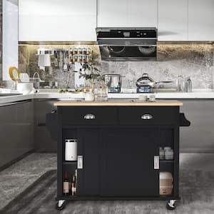 Black 52.2 in. Kitchen Island with Rubber wood Drop-Leaf Countertop and Storage Cabinet