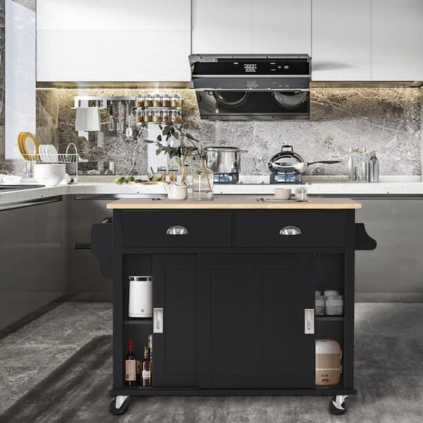 Nestfair Black 52.2 in. Kitchen Island with Rubber wood Drop-Leaf Countertop and Storage Cabinet