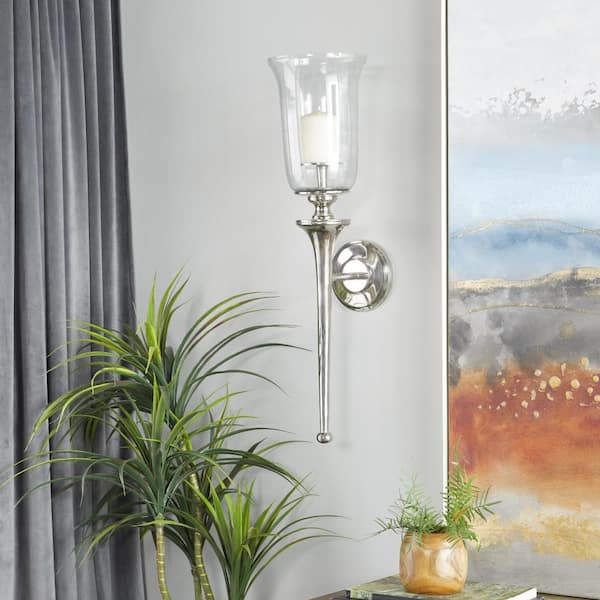 Litton Lane 30 in. Silver Aluminum Metal Wall Sconce with Glass Holder