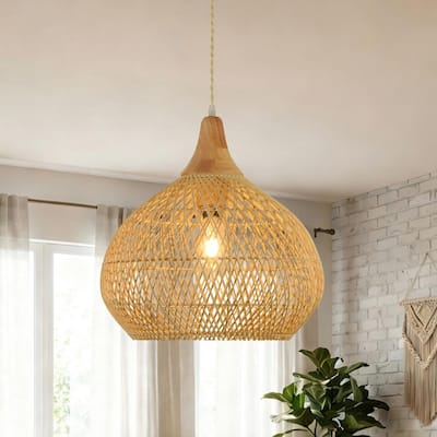1‑Light 15.75 in. Round Bamboo Woven Pendant Light For Dining Room, Bedroom, Foyer