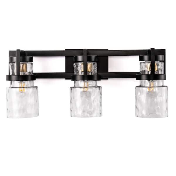 28 in. 3-Light Black and Gold Industrial Vanity Light with Water Glass Chrome Cylinder Shades