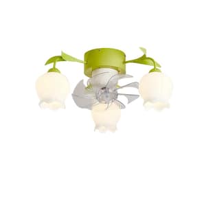24 in. 3-light Indoor Flush Mount Green Ceiling Fan with Remote, Modern Flower Fandelier for Bedroom, bulbs not included