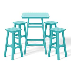 Laguna 5-Piece Fade Resistant HDPE Plastic Outdoor Patio Square Bar Height Pub Set, Matching Barstools in Turquoise