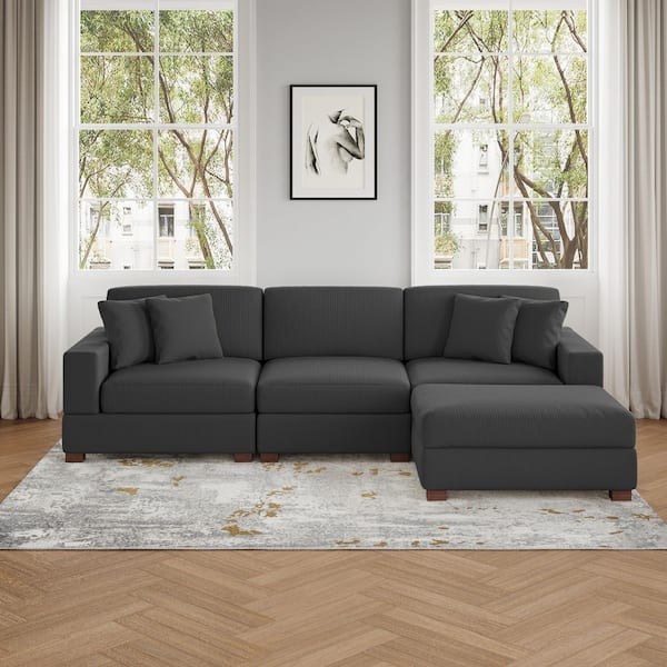 118 in. W Modern Square Arm 4-Piece Corduroy Fabric L-Shaped Sectional Sofa in. Gray