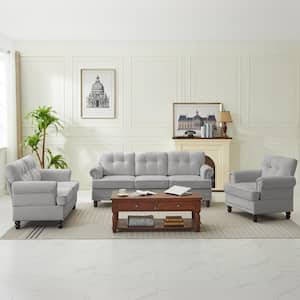 Modern 3-Piece Grey Chenille Living Room Set with Nailhead Trim and Rubberwood Legs