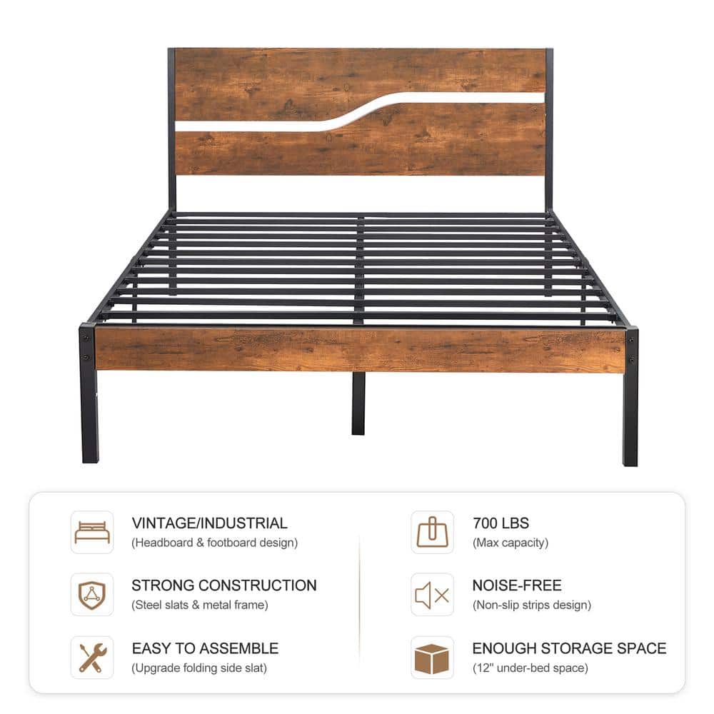 Full Metal Platform Bed Frame with Wooden Headboard，Platform Bed with Metal Frame Under Bed Storage，56.6"W，Brown - thumbnail 9