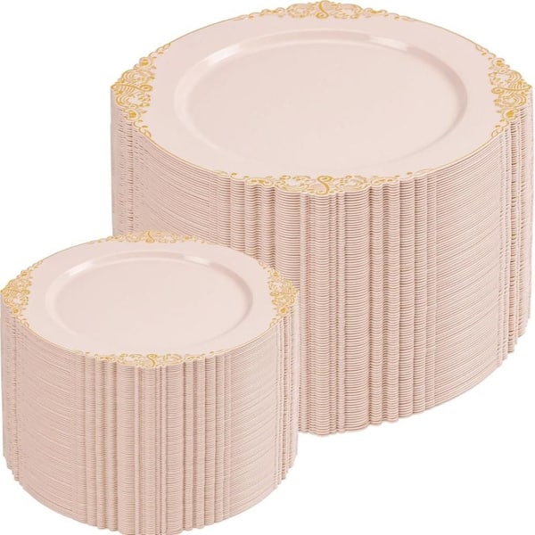 Pink Trim Heavy Duty Disposable Plates, Food-Grade Plastic Dinner and Dessert Plates for Tea Parties (Set of 200)
