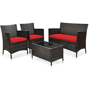 4-Piece Rattan Wicker Patio Conversation Set with Tempered Glass Coffee Table and Red Cushions