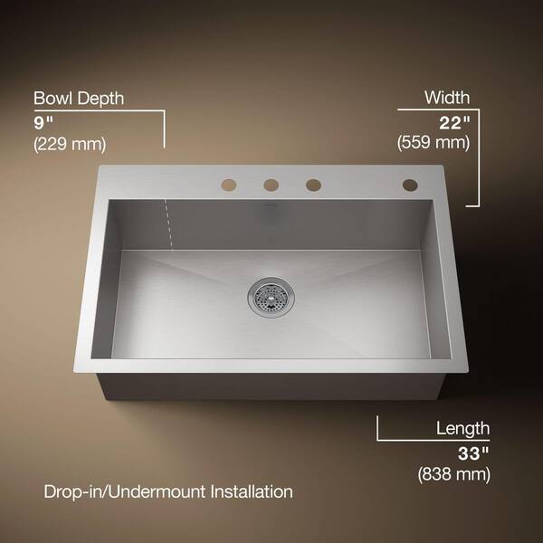 KOHLER Vault Drop-In Stainless Steel 33 in. 4-Hole Single Bowl
