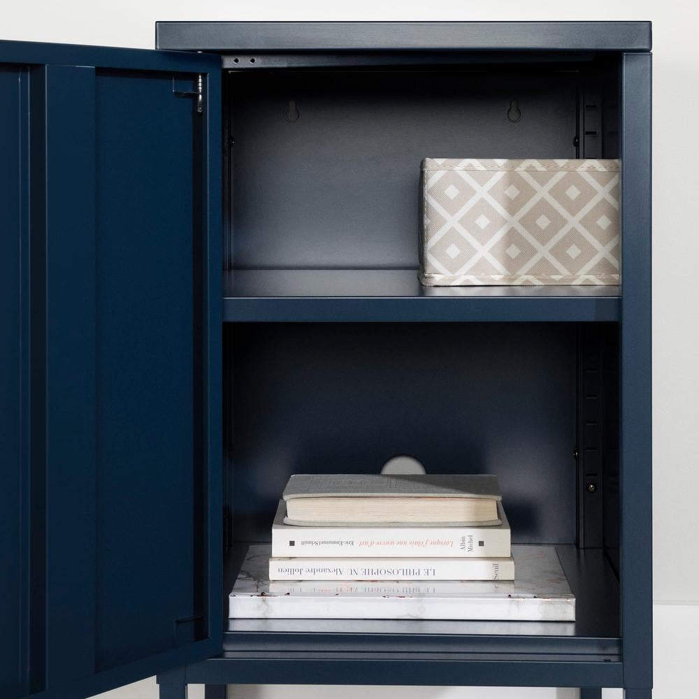 Dark Blue Metal 1-Door Nightstand with Adjustable Shelf