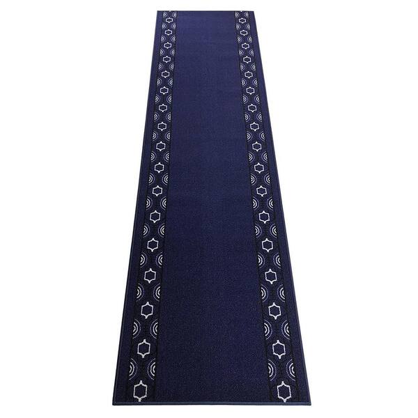 RugStylesOnline Trellis Border Custom Size Navy 96 in. x 26 in. Indoor Stair Tread Cover Matching Runner Slip Resistant Backing(1-Piece)