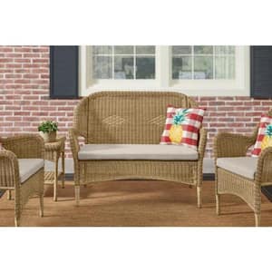 Rosemont Light Brown Steel Wicker Stackable Outdoor Patio Loveseat with Putty Tan Cushion