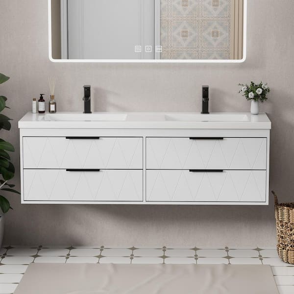 60 in. W x 18.1 in. D x 18.1 in. H 2-Sink Wall Mounted Bath Vanity in White with White Resin Top and Drain Faucet Set
