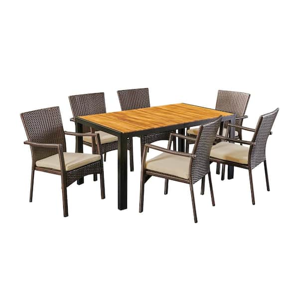 Goodwin Teak Brown 7-Piece Wood and Faux Rattan Outdoor Patio Dining Set with Cream Cushions
