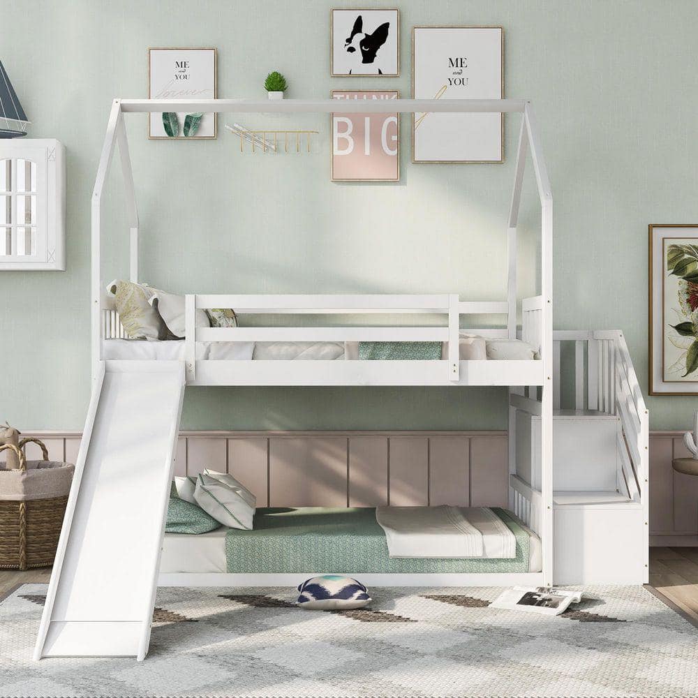 Qualler White Twin over Twin House Bunk Bed with Convertible Slide and ...