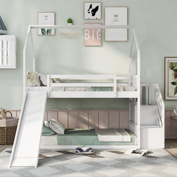 Qualler White Twin over Twin House Bunk Bed with Convertible Slide and ...