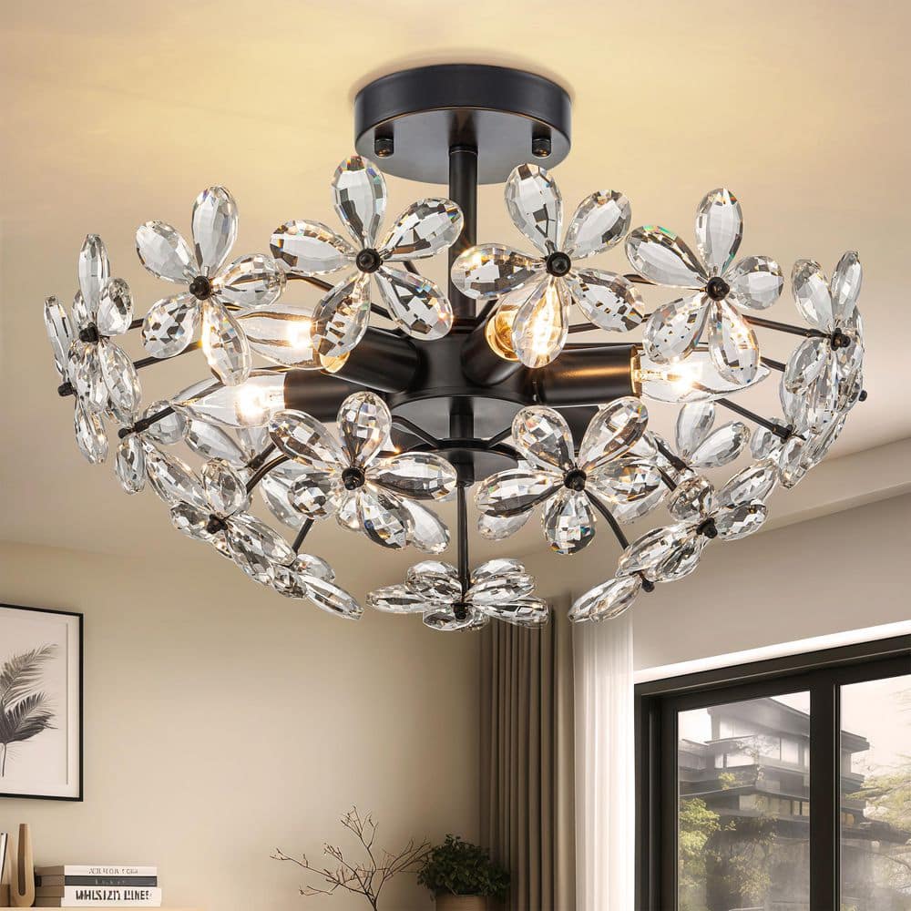 茶 bk TinHon 18 in. Modern Crystal Flush Mount Ceiling Light, 6-Light