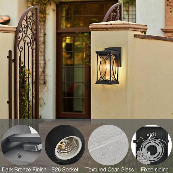 14 in. 1-pack Black Outdoor Wall Sconce with Crackled Glass, Weather-Resistant Light for Porch Patio, Bulb Not Included
