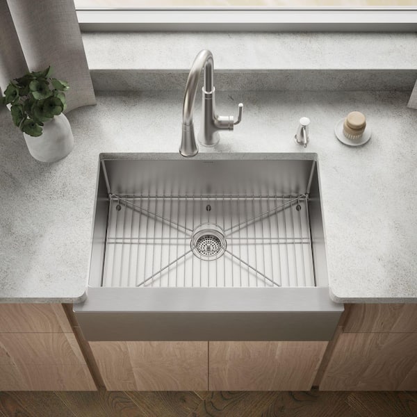 Strive Undermount Farmhouse Apron Front Stainless Steel 30 in. Single Bowl Kitchen Sink Kit with Basin Rack