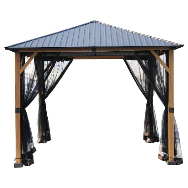 LAUREL CANYON 10 ft. x 10 ft. Wood Like Metal Outdoor Patio Gazebo with Mosquito Netting