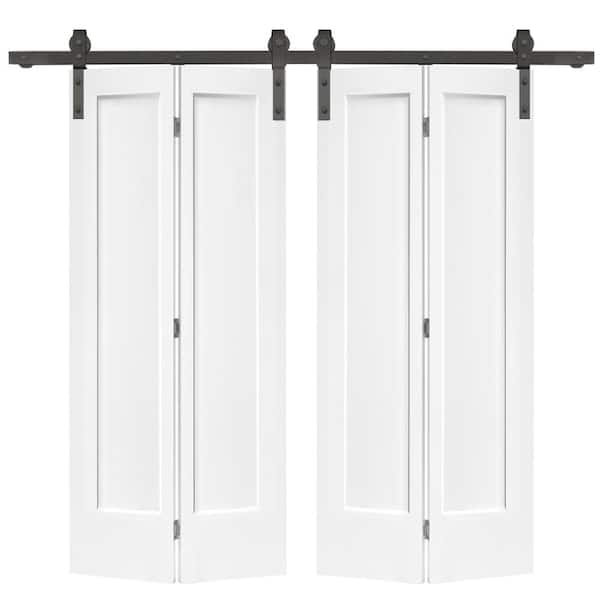 CALHOME 72 in. x 80 in. Hollow Core 1-Panel White MDF Composite Double Bi-Fold Barn Doors with Sliding Hardware Kit