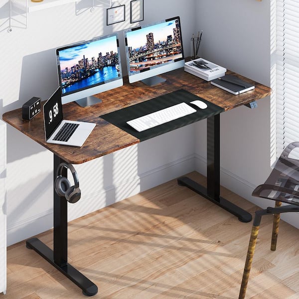 55 in. Rustic Electric Standing Desk Height Adjustable Home Office Table with Hook