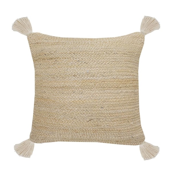 Unbranded Rustic Tan Braided Tassel Natural Jute Durable Poly-Fill 20 in. x 20 in. Indoor Throw Pillow