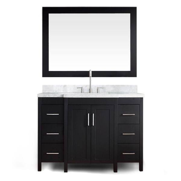 Ariel Hollandale 49 in. W x 21.5 in. D Vanity in Black with Marble Vanity Top in Carrara White with Basin and Mirror