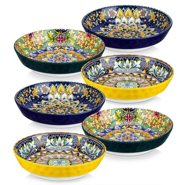 32 fl. oz Deep-green Yellow Dark-blue Porcelain Soup Plate Set of 6 Salad Bowl Dessert Bowl Cereal Bowl Bohemian Style