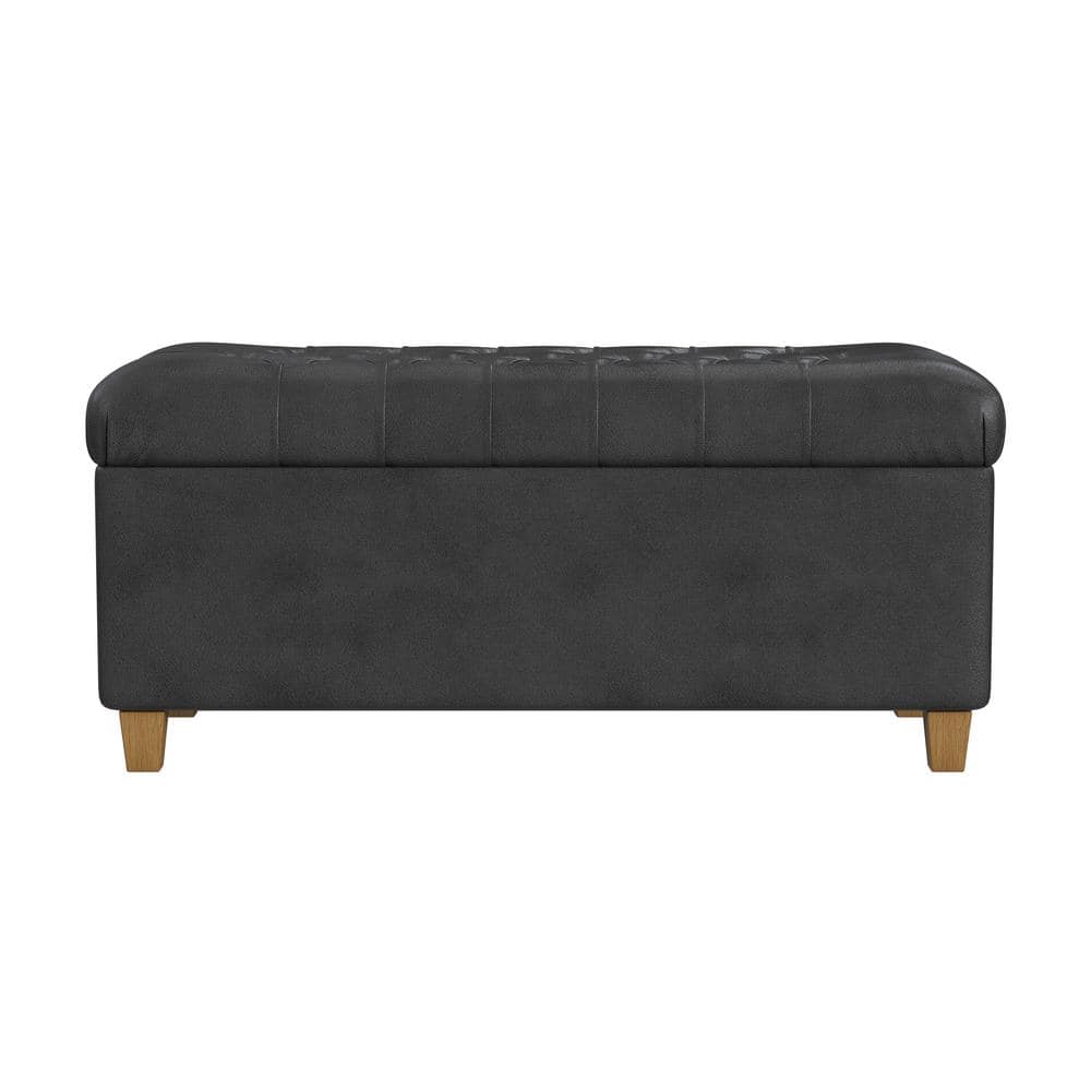 Black Faux Leather Tufted Storage Cocktail Bench with Oak Legs