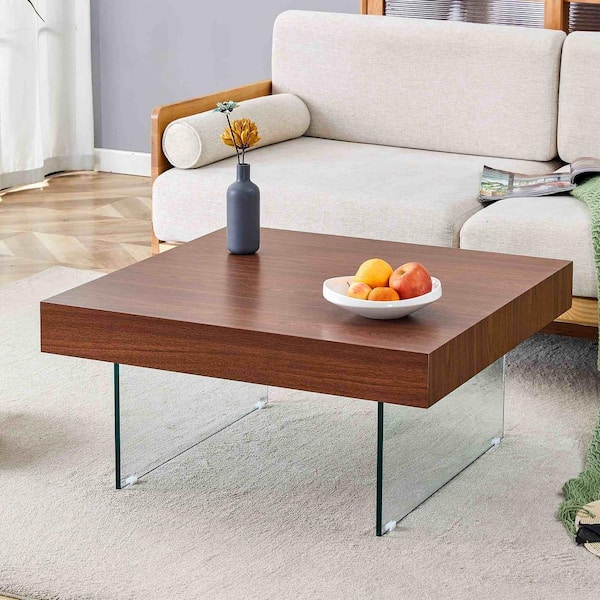 Polibi 31.5 in. Transparent, Walnut Square MDF Coffee Table with Tempered Glass Legs